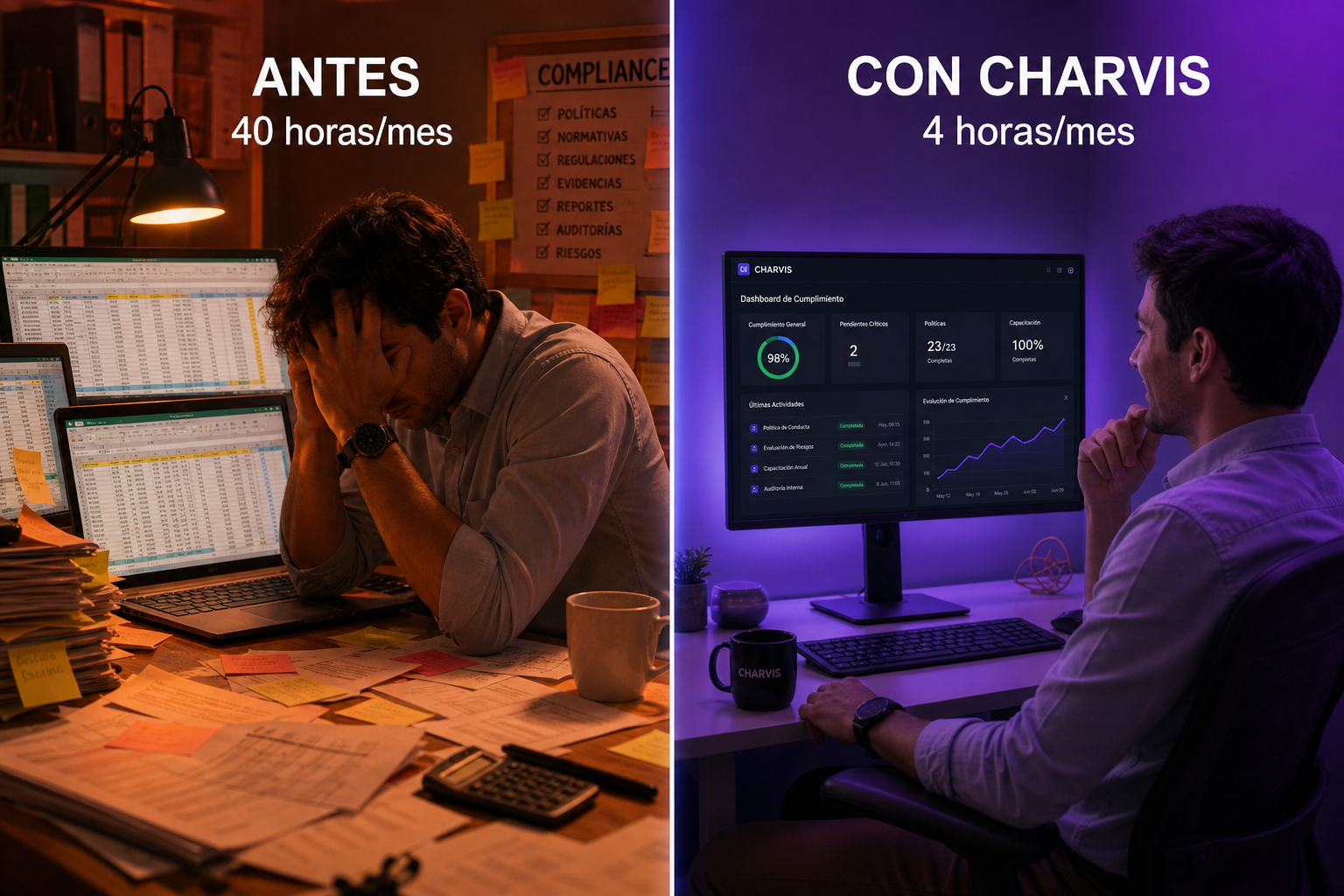 Antes y después con CHARVIS Compliance OS